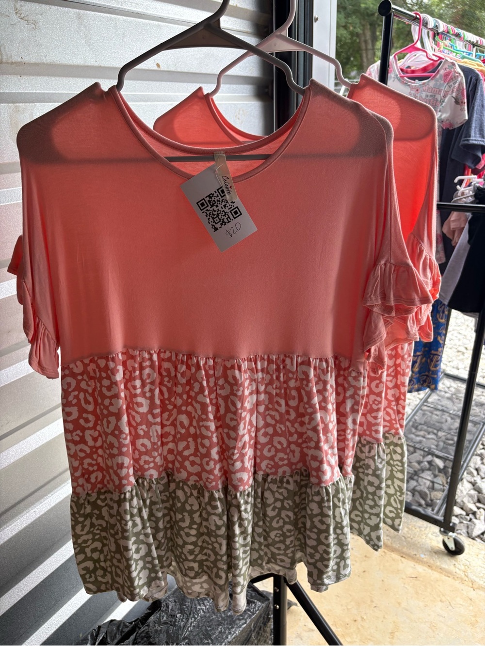 Tiered Ruffle Sleeve Women's Top in Coral and Olive